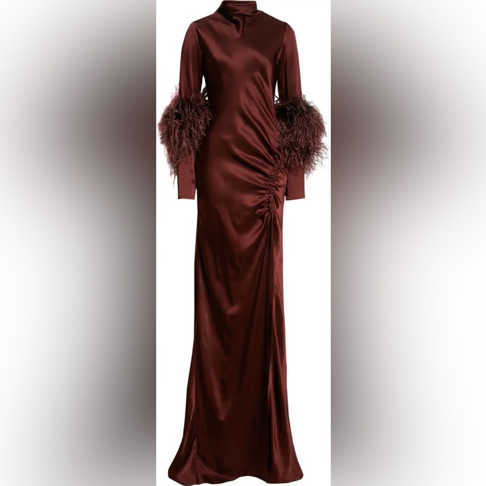 LAPOINTE Ostrish Feather Trim Long Sleeve Double Face Satin Dress in Mahogany